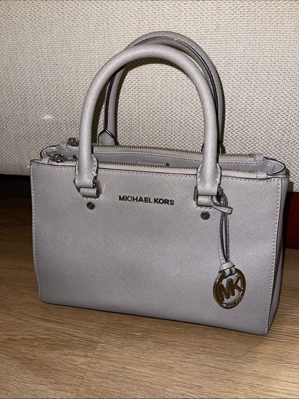 Michael Kors Light Gray Saffiano Satchel with Logo Charm